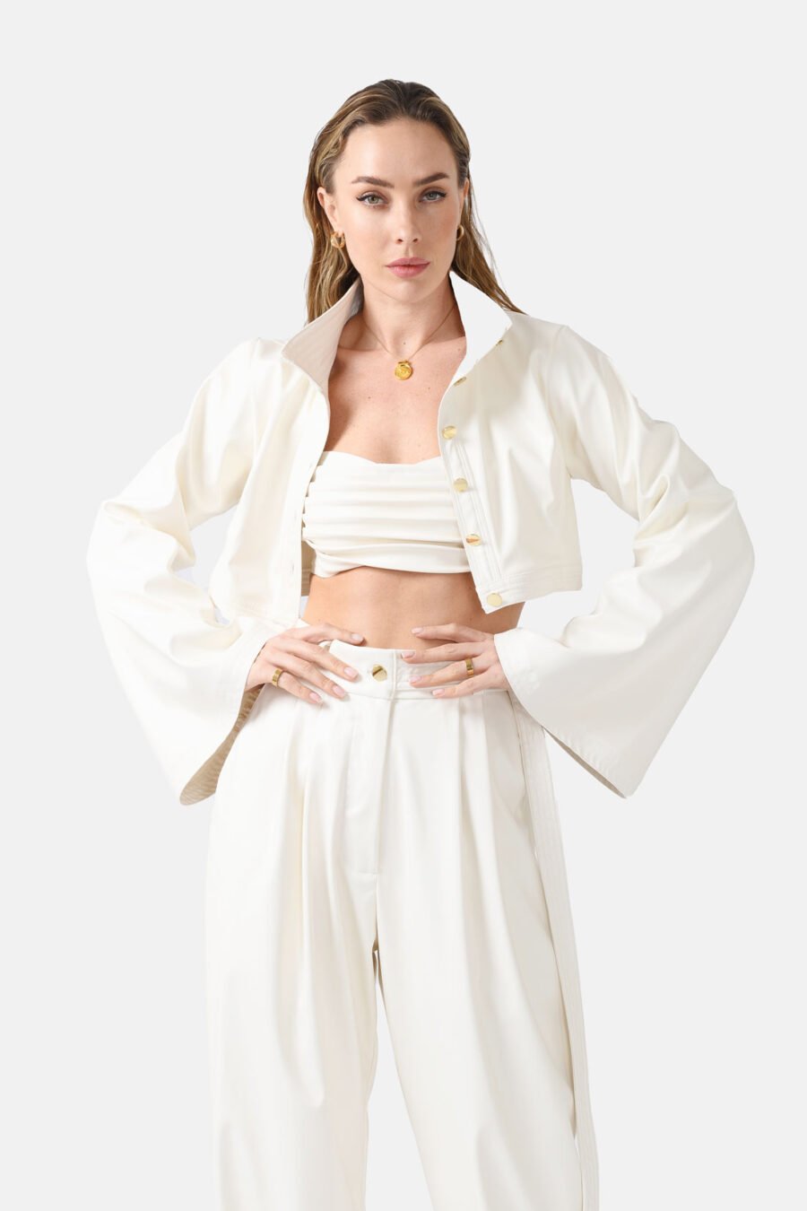 White Vegan Leather Cropped Jacket Kargede Designer Jacket Front - Hush – Vegan Leather Cropped Jacket White