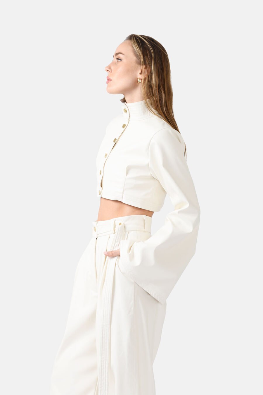 White Vegan Leather Cropped Jacket Kargede Designer Jacket Side - Hush – Vegan Leather Cropped Jacket White