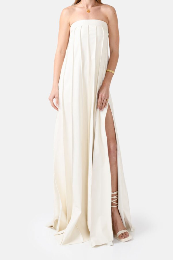 White Vegan Leather Pleated Maxi Dress Kargede Designer Dress Front - Desire – White Strapless Pleated Maxi Dress, Vegan Leather