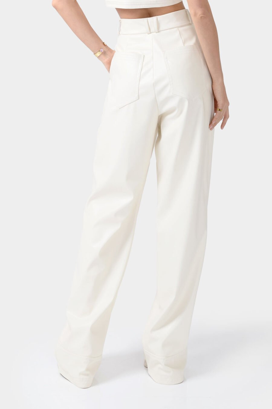 White Vegan Leather Straight Leg Pants Kargede Designer Pants Back Zoomed - Bassline – Vegan Leather Straight-leg Pants White