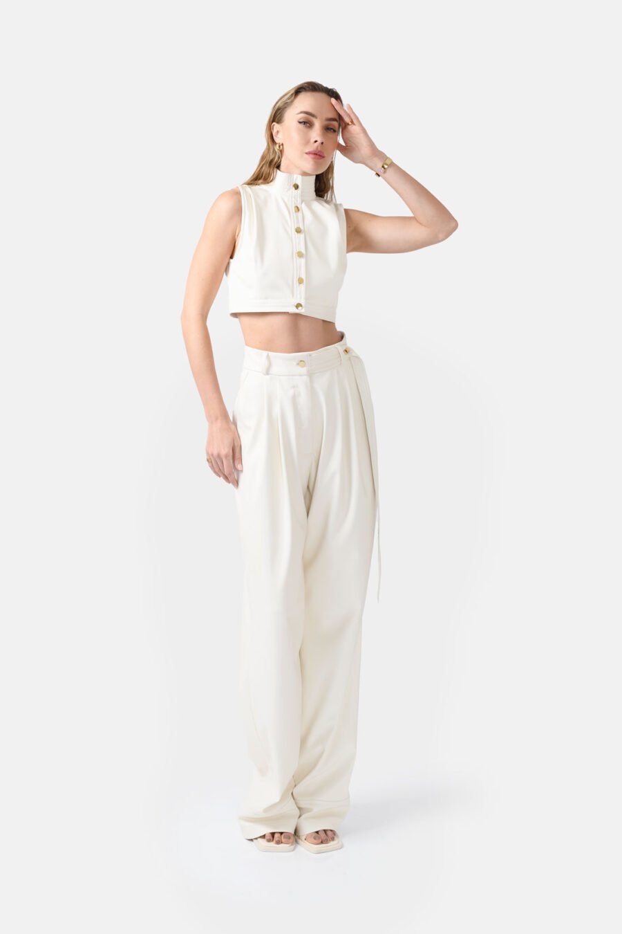 White Vegan Leather Straight Leg Pants Kargede Designer Pants Front - Bassline – Vegan Leather Straight-leg Pants White