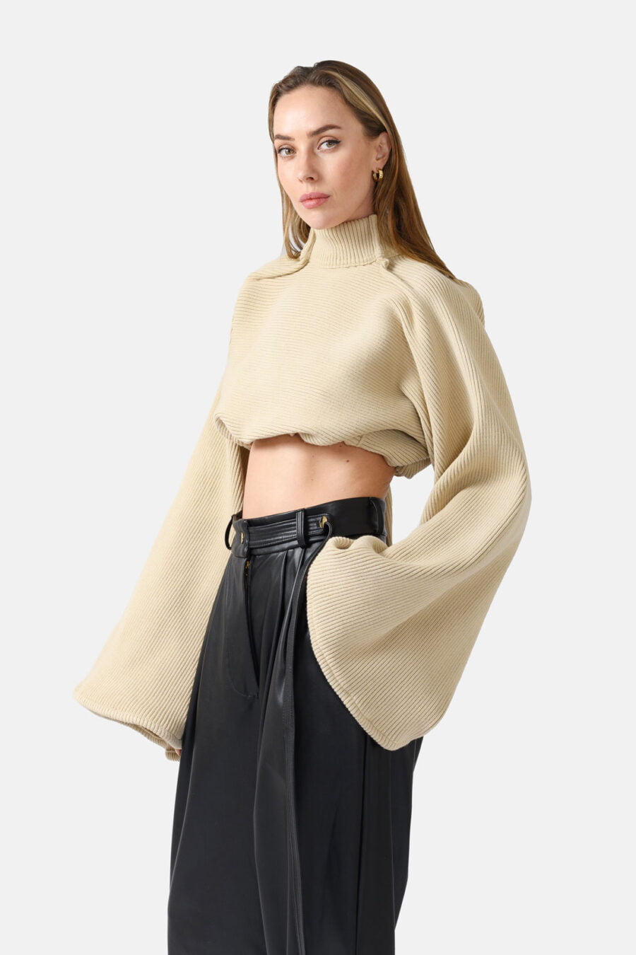 Beige Ribbed Knit Sweater Flared Sleeves Oversized Kargede Designer Sweater Knitwear Side - Amanita – Beige Oversized Cropped Jumper, Rib Knit