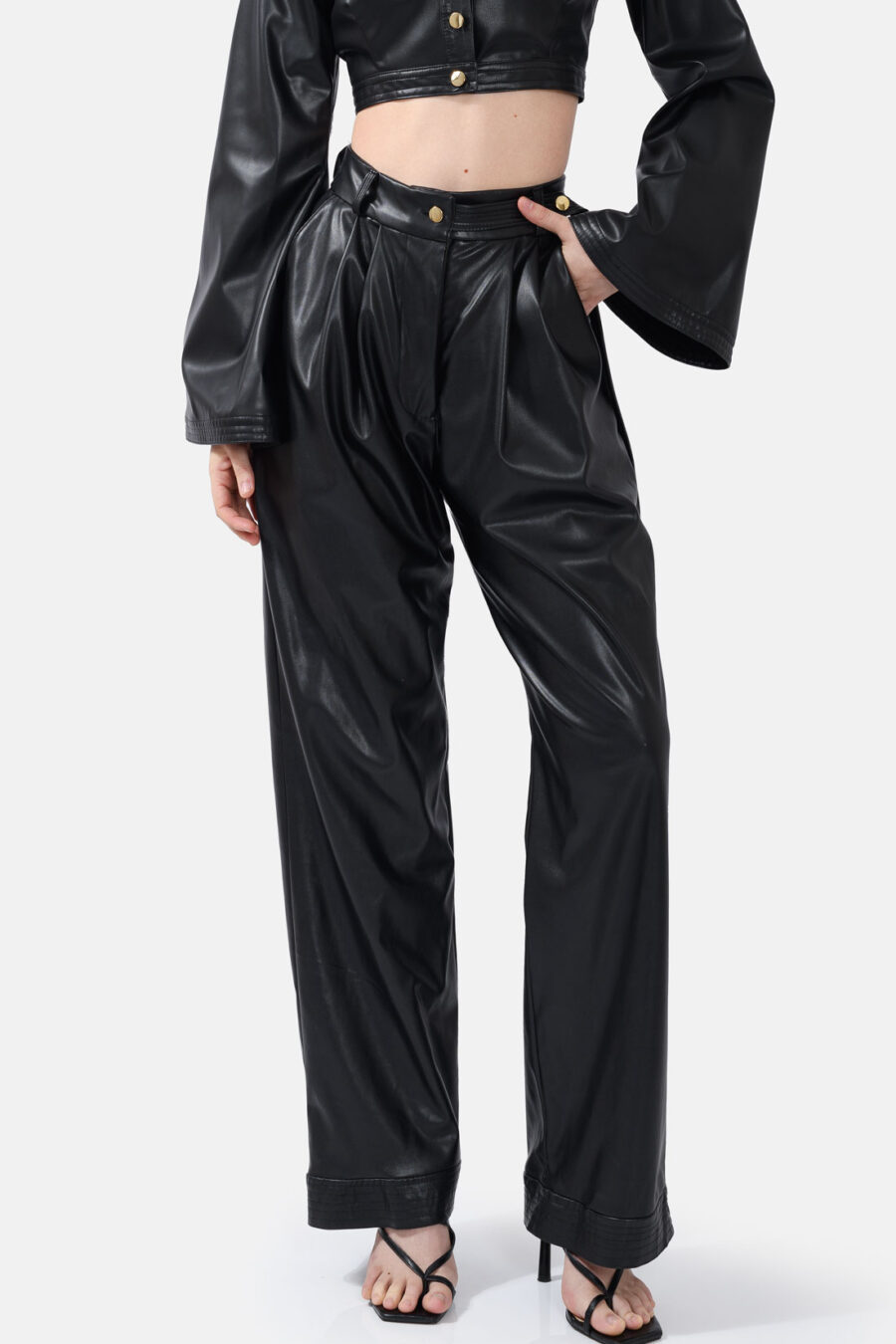 Black Straight Leg Vegan Leather Pants Kargede Designer Pants Front - Bassline – Vegan Leather Straight-leg Pants Black