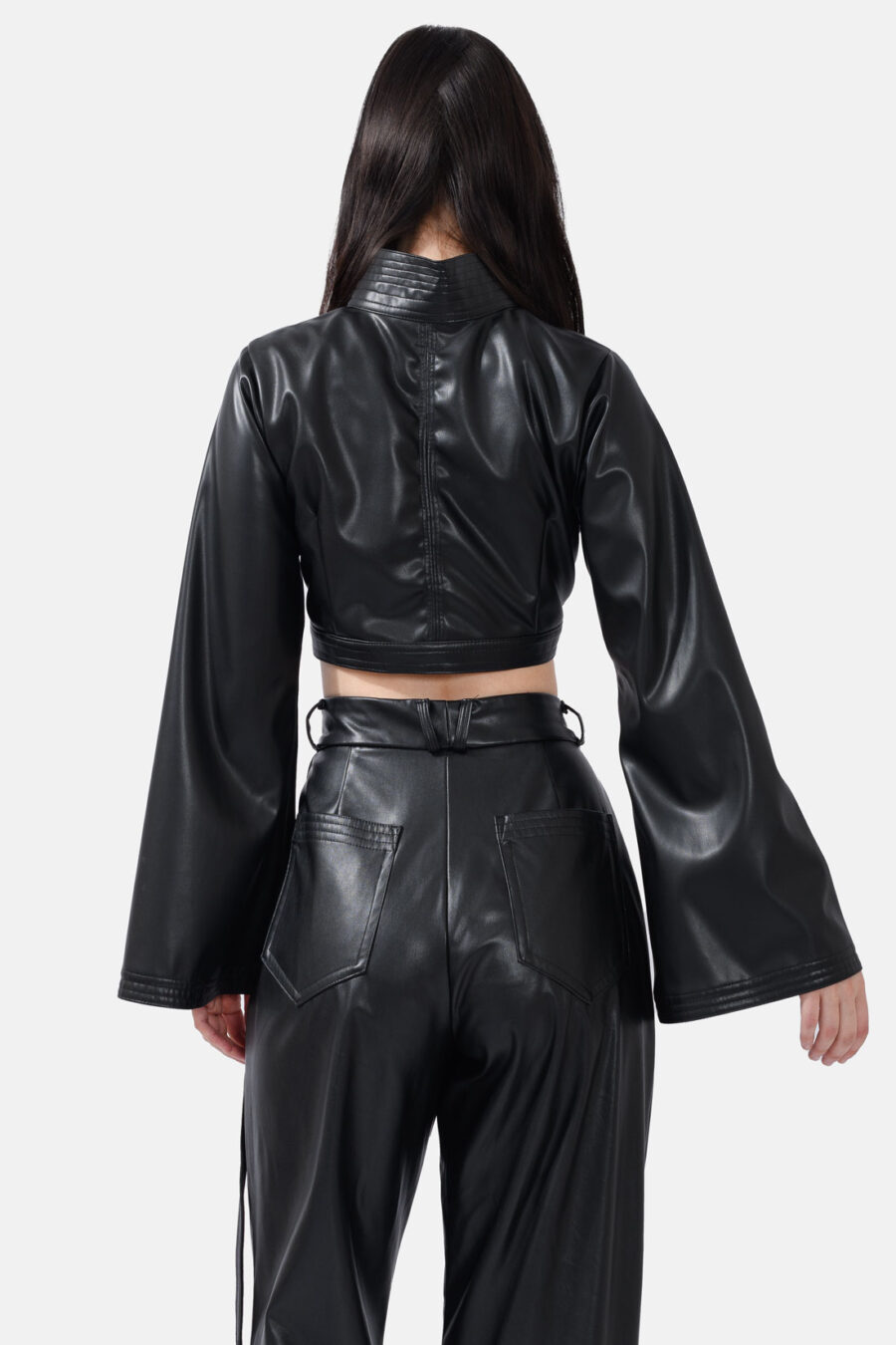 Black Vegan Leather Cropped Jacket Kargede Designer Jacket Back Avila - Hush – Vegan Leather Cropped Jacket Black