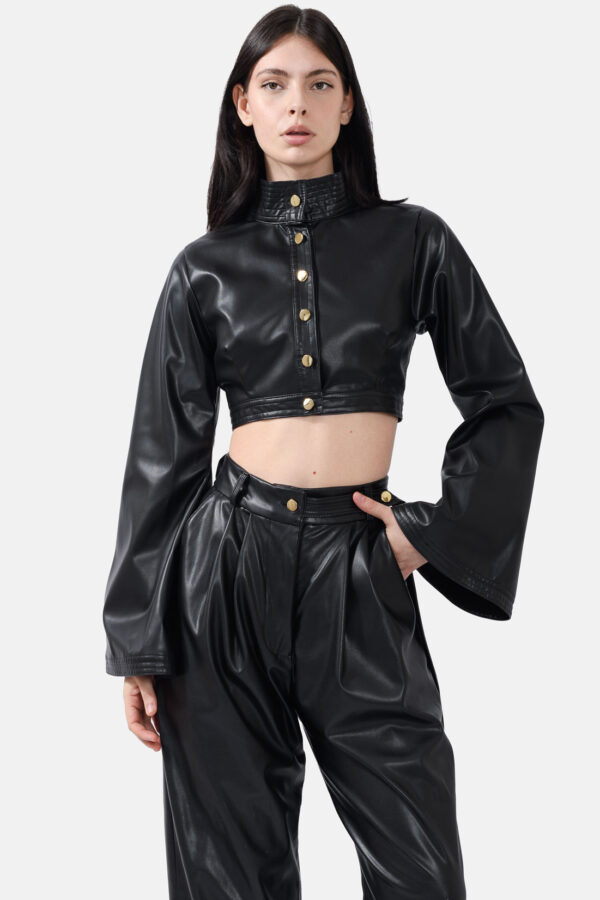 Black Vegan Leather Cropped Jacket Kargede Designer Jacket Front Avila - Hush – Vegan Leather Cropped Jacket Black - Kargede