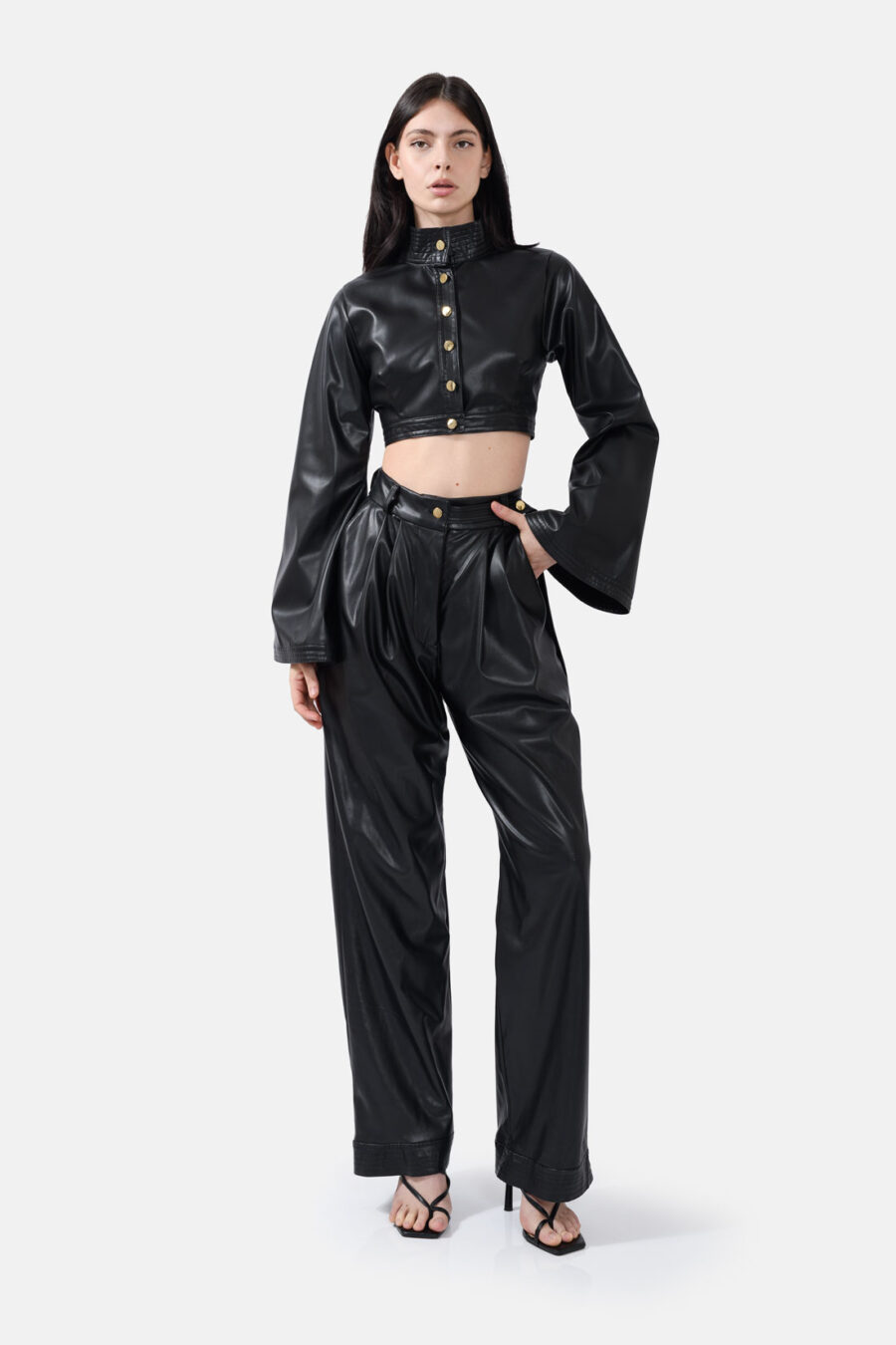 Black Vegan Leather Cropped Jacket Kargede Designer Jacket Front Avila Out - Hush – Vegan Leather Cropped Jacket Black