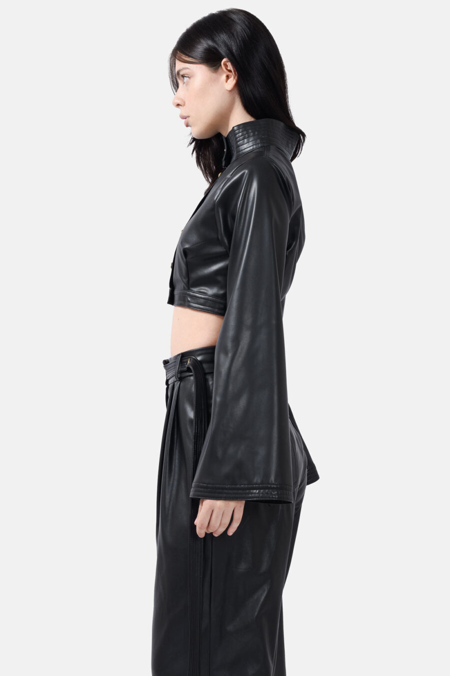 Black Vegan Leather Cropped Jacket Kargede Designer Jacket Side Avila - Hush – Vegan Leather Cropped Jacket Black