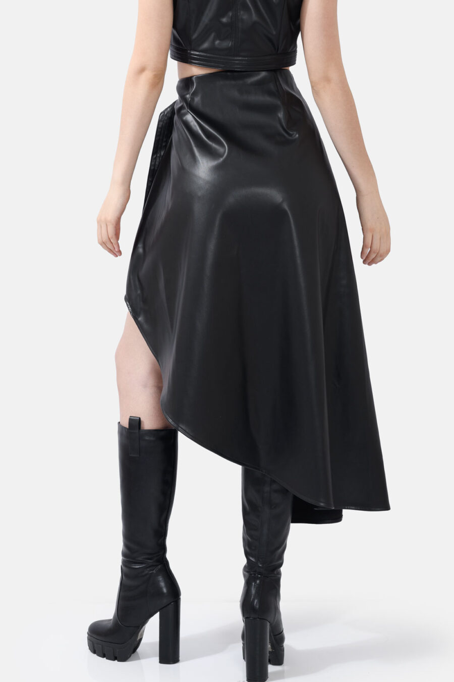 Black Vegan Leather Skirt Asymmetrical Wrap Skirt Kargede Designer Skirt Avila Back - Fatale – Black Asymmetrical Wrap Skirt, Vegan Leather