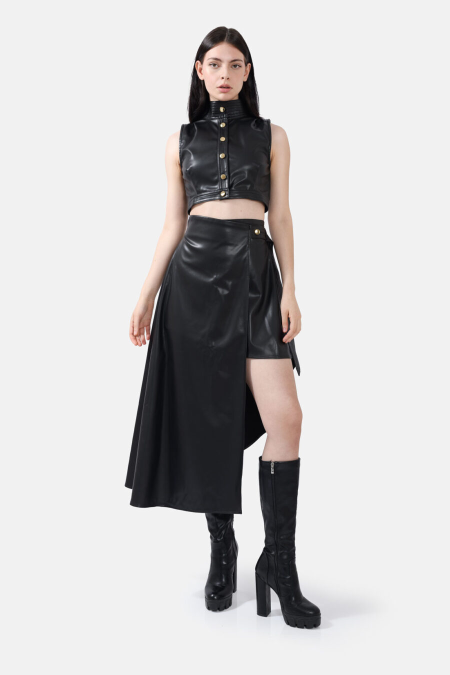 Black Vegan Leather Skirt Asymmetrical Wrap Skirt Kargede Designer Skirt Avila Front Out - Fatale – Black Asymmetrical Wrap Skirt, Vegan Leather