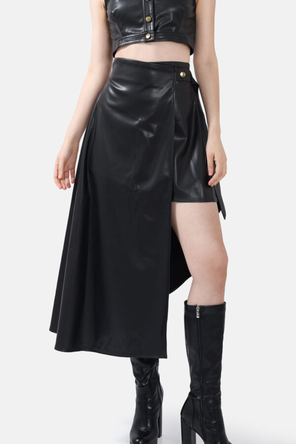 Black Vegan Leather Skirt Asymmetrical Wrap Skirt Kargede Designer Skirt Avila Front - Kargede - Women's Designer Fashion Clothing Sustainably Made