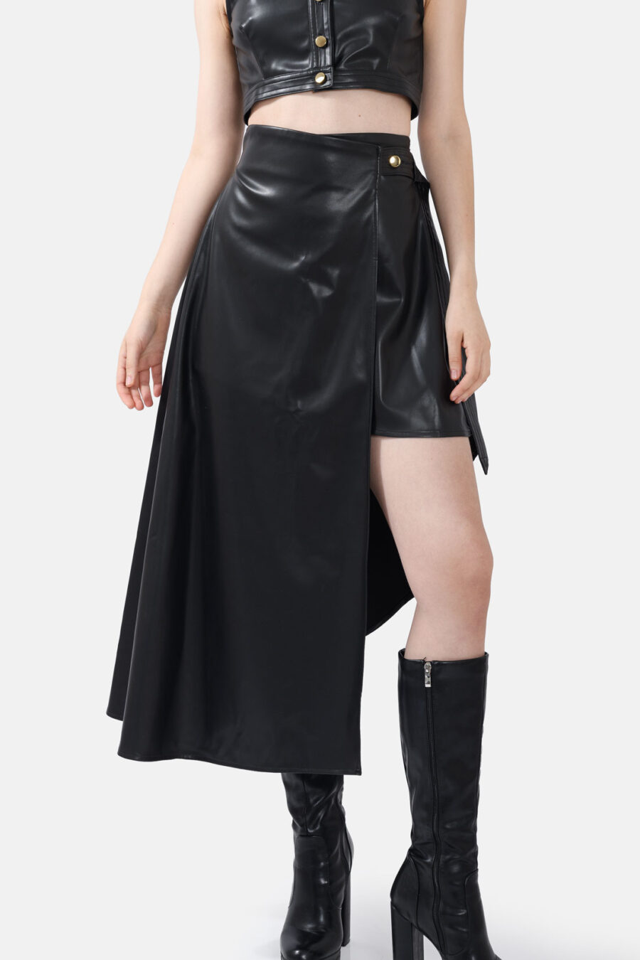 Black Vegan Leather Skirt Asymmetrical Wrap Skirt Kargede Designer Skirt Avila Front - Fatale – Black Asymmetrical Wrap Skirt, Vegan Leather