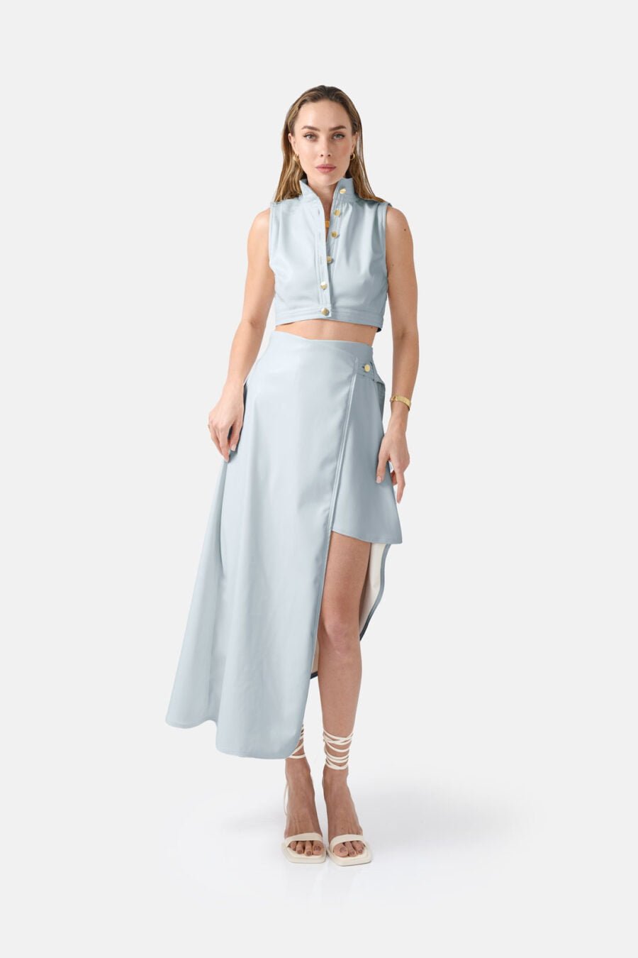 Blue Asymmetrical Wrap Skirt Kargede Designer Skirt Front - Fatale – Blue Asymmetrical Wrap Skirt, Vegan Leather