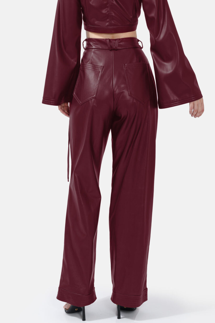 Burgundy Red Straight Leg Vegan Leather Pants Kargede Designer Pants Back - Bassline – Burgundy Red Vegan Leather Straight-leg Pants