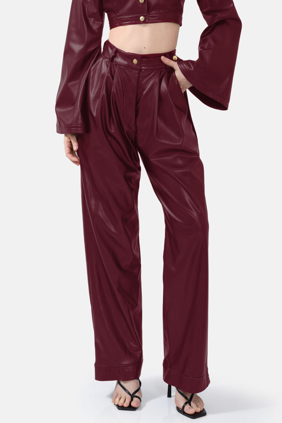 Burgundy Red Straight Leg Vegan Leather Pants Kargede Designer Pants Front - Bassline – Burgundy Red Vegan Leather Straight-leg Pants