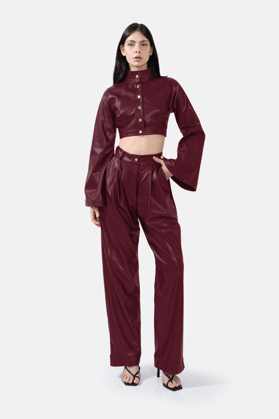 Burgundy Red Straight Leg Vegan Leather Pants Kargede Designer Pants Front Out - Bassline – Burgundy Red Vegan Leather Straight-leg Pants