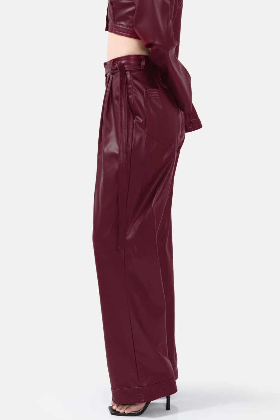 Burgundy Red Straight Leg Vegan Leather Pants Kargede Designer Pants Side Avila - Bassline – Burgundy Red Vegan Leather Straight-leg Pants