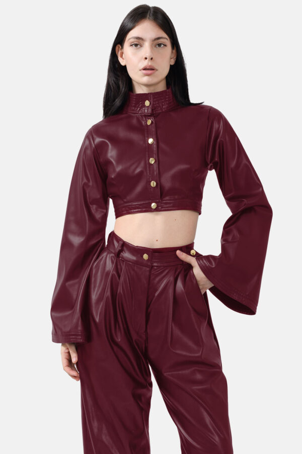 Burgundy Red Vegan Leather Cropped Jacket Kargede Designer Jacket Front Avila - Hush – Vegan Leather Cropped Jacket Burgundy Red