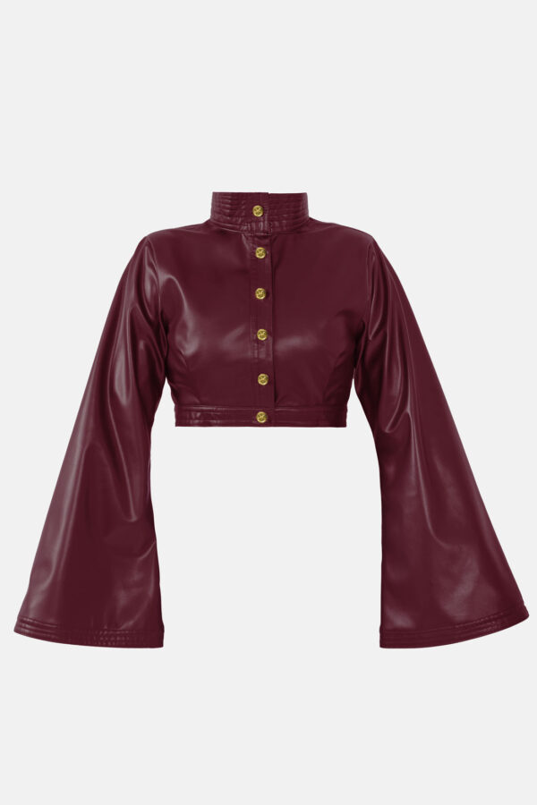 Burgundy Red Vegan Leather Cropped Jacket Kargede Designer Jacket Front GM - Hush – Vegan Leather Cropped Jacket Burgundy Red - Kargede