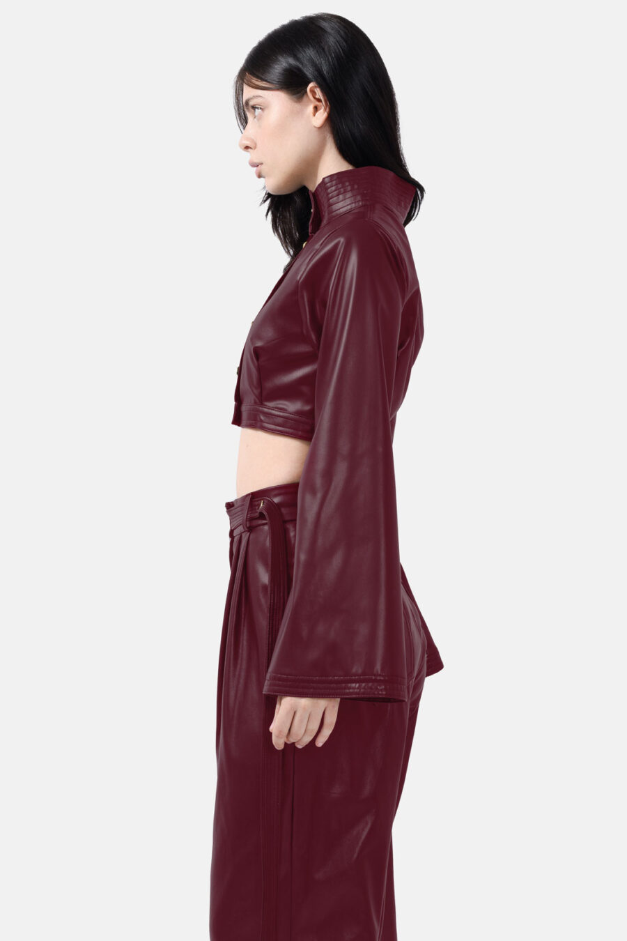 Burgundy Red Vegan Leather Cropped Jacket Kargede Designer Jacket Side Avila - Hush – Vegan Leather Cropped Jacket Burgundy Red