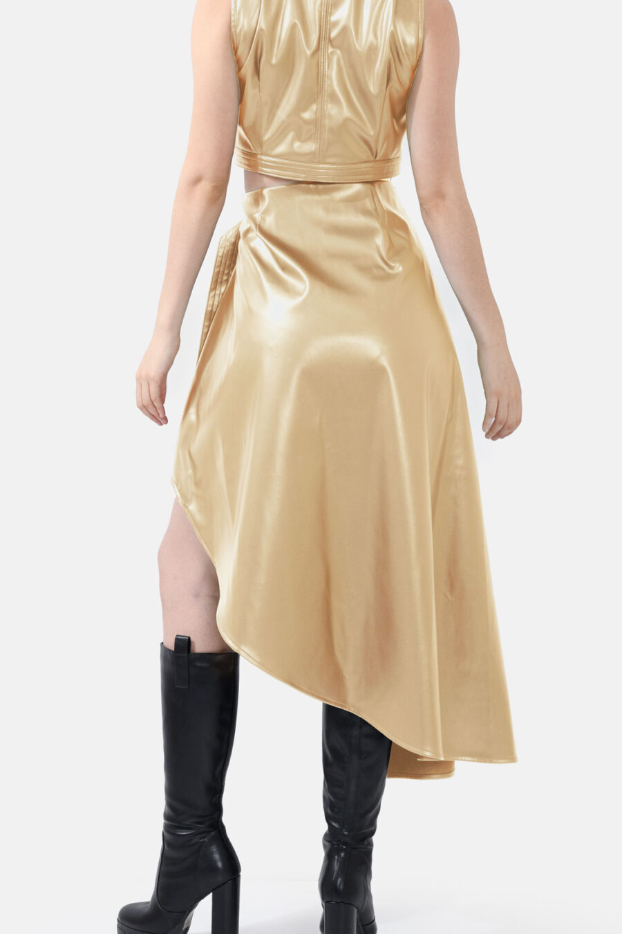 Gold Vegan Leather Skirt Asymmetrical Wrap Skirt Kargede Designer Skirt Avila Back - Fatale – Metallic Gold Asymmetrical Wrap Skirt, Vegan Leather