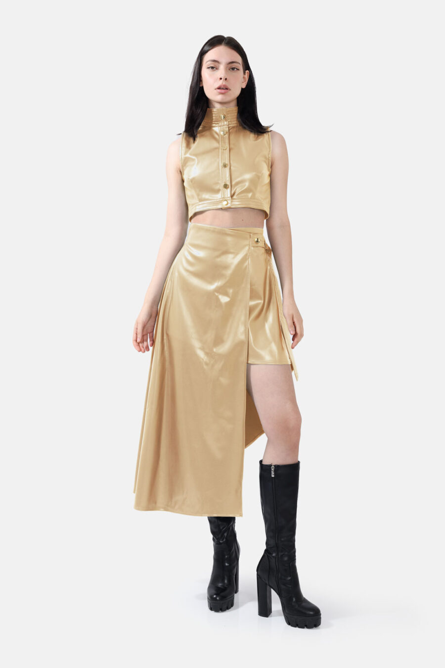 Gold Vegan Leather Skirt Asymmetrical Wrap Skirt Kargede Designer Skirt Avila Front Out - Fatale – Metallic Gold Asymmetrical Wrap Skirt, Vegan Leather