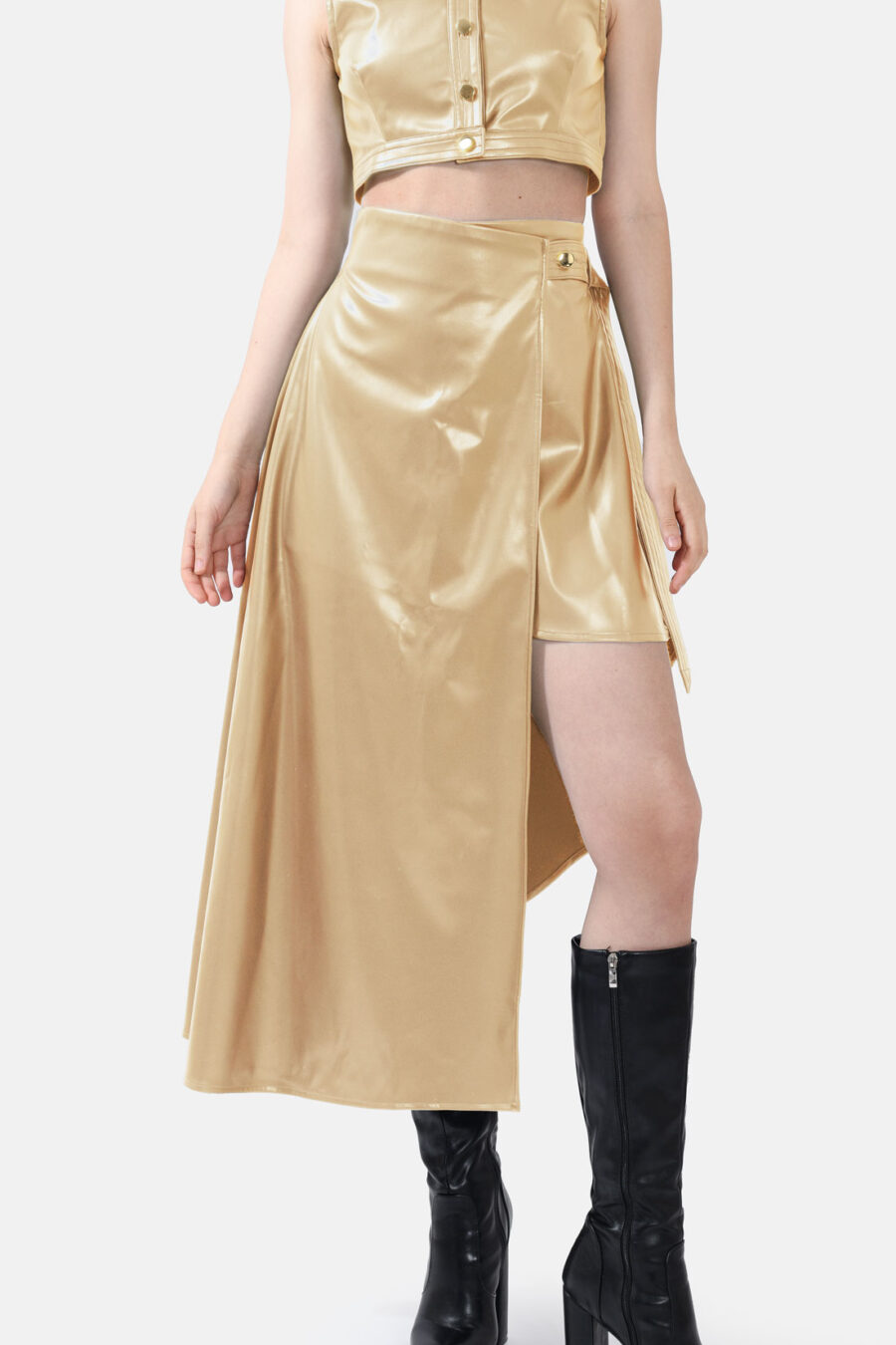 Gold Vegan Leather Skirt Asymmetrical Wrap Skirt Kargede Designer Skirt Avila Front - Fatale – Metallic Gold Asymmetrical Wrap Skirt, Vegan Leather