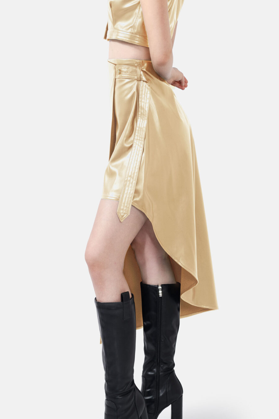 Gold Vegan Leather Skirt Asymmetrical Wrap Skirt Kargede Designer Skirt Avila Side - Fatale – Metallic Gold Asymmetrical Wrap Skirt, Vegan Leather