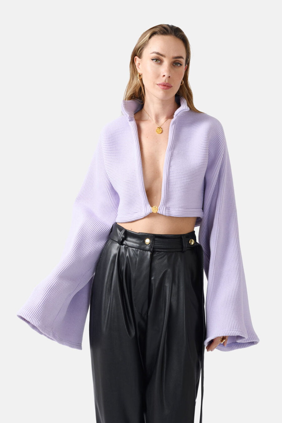 Lilac Ribbed Knit Jumper Flared Sleeves Oversized Kargede Designer Jumper Front - Mellea – Oversized Lilac Jumper, Rib Knit