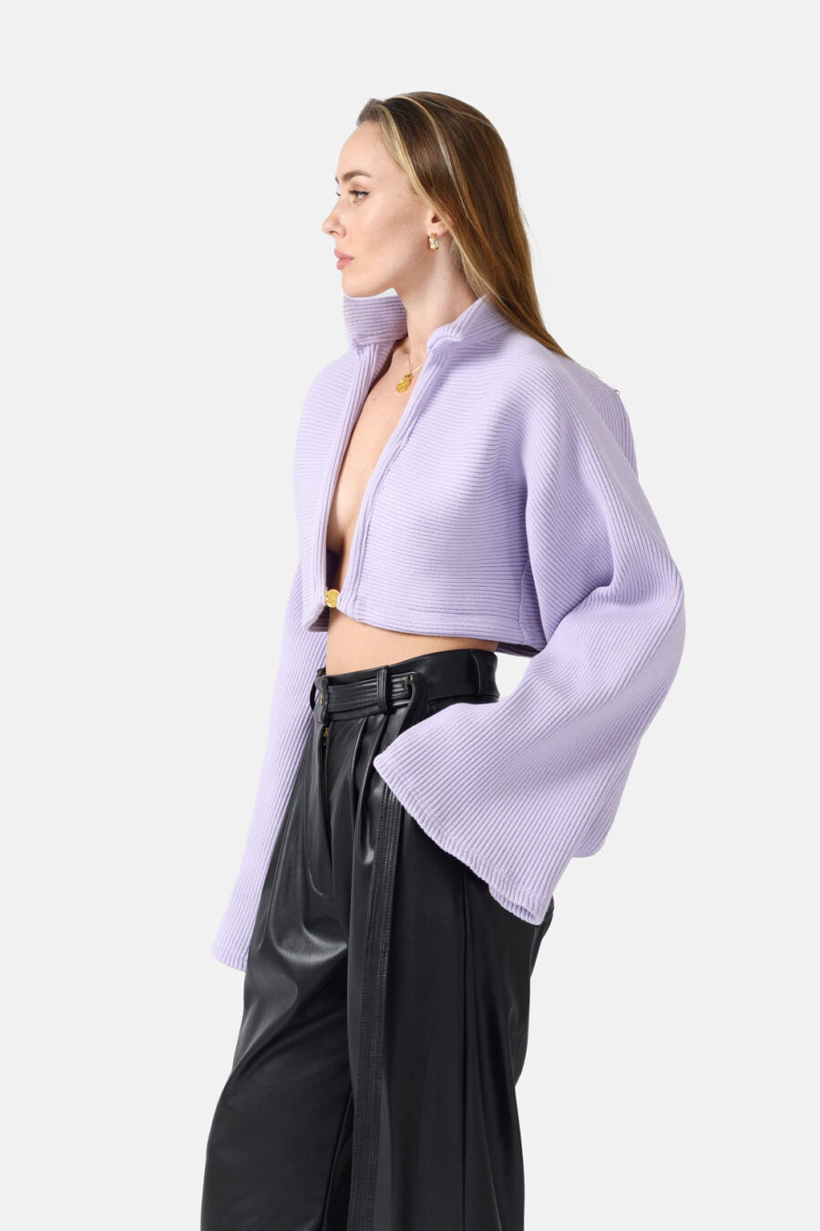 Lilac Ribbed Knit Jumper Flared Sleeves Oversized Kargede Designer Jumper Side - Mellea – Oversized Lilac Jumper, Rib Knit - Kargede