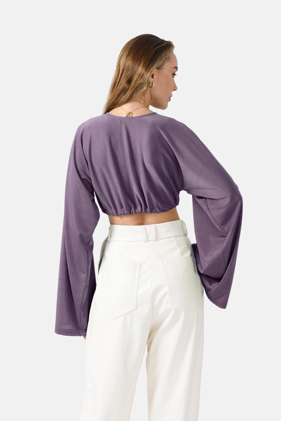 Purple Long Sleeve Cardigan Shimmering Fabric Kargede Designer Cardigan Back1 - Serenity – Oversized Cropped Cardigan Purple