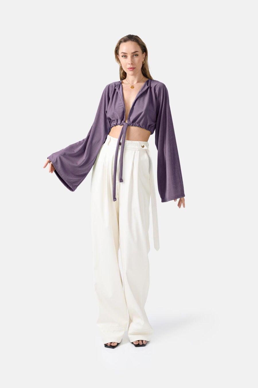 Purple Long Sleeve Cardigan Shimmering Fabric Kargede Designer Cardigan Front - Serenity – Oversized Cropped Cardigan Purple