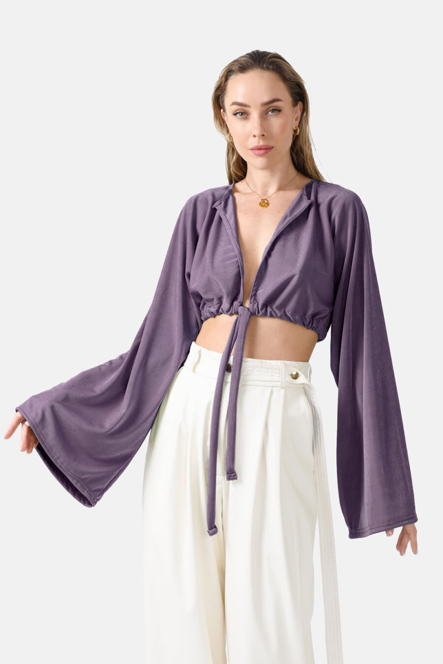 Purple Long Sleeve Cardigan Shimmering Fabric Kargede Designer Cardigan Front1 - Serenity – Oversized Cropped Cardigan Purple