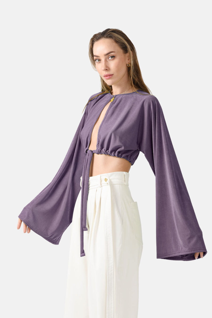 Purple Long Sleeve Cardigan Shimmering Fabric Kargede Designer Cardigan Side1 - Serenity – Oversized Cropped Cardigan Purple