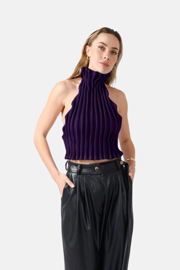 Purple Ribbed Knit Halter Top Pleated Kargede Designer Halter Top Knitwear Front zoomed - Reishi – Rib Knit Halter Top Purple