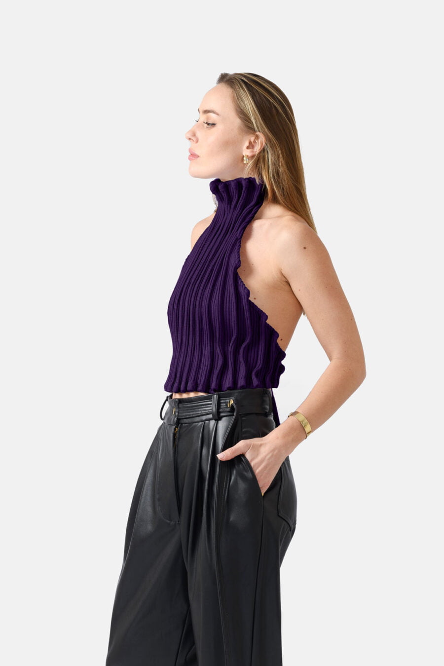 Purple Ribbed Knit Halter Top Pleated Kargede Designer Halter Top Knitwear Side - Reishi – Rib Knit Halter Top Purple