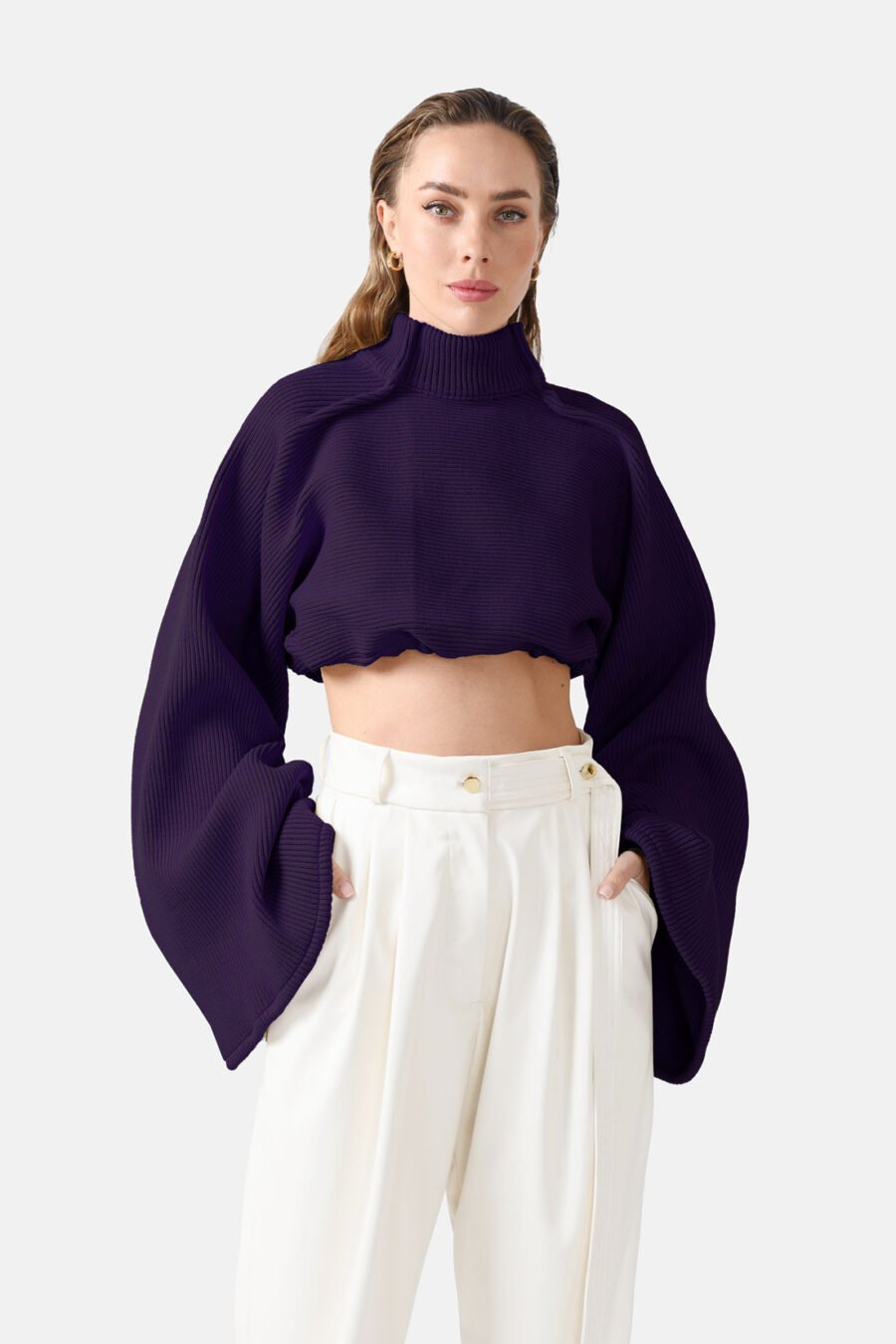 Purple Ribbed Knit Sweater Flared Sleeves Oversized Kargede Designer Jumper Front zoomed - Amanita – Purple Oversized Cropped Jumper, Rib Knit