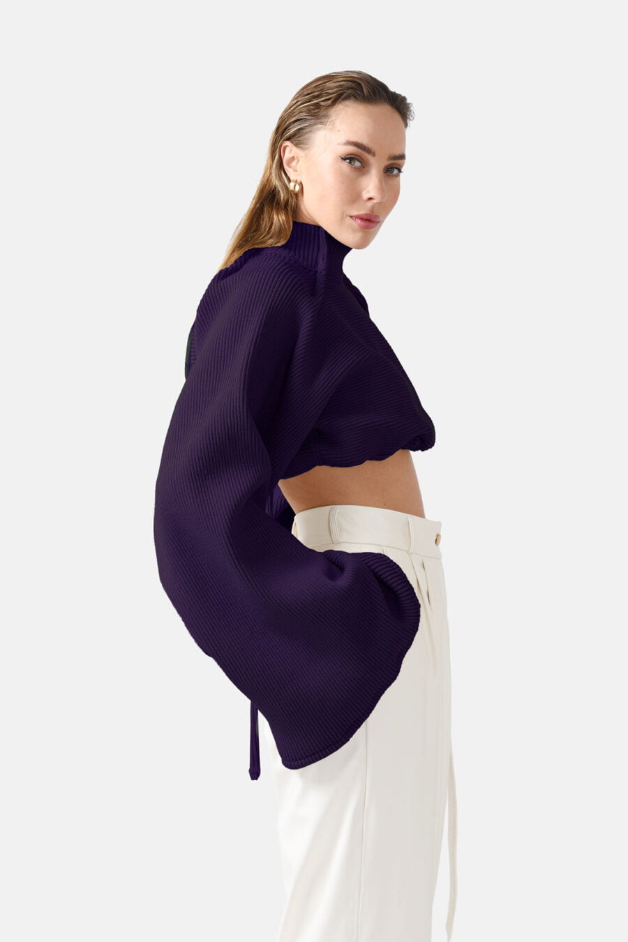 Purple Ribbed Knit Sweater Flared Sleeves Oversized Kargede Designer Jumper Side - Amanita – Purple Oversized Cropped Jumper, Rib Knit