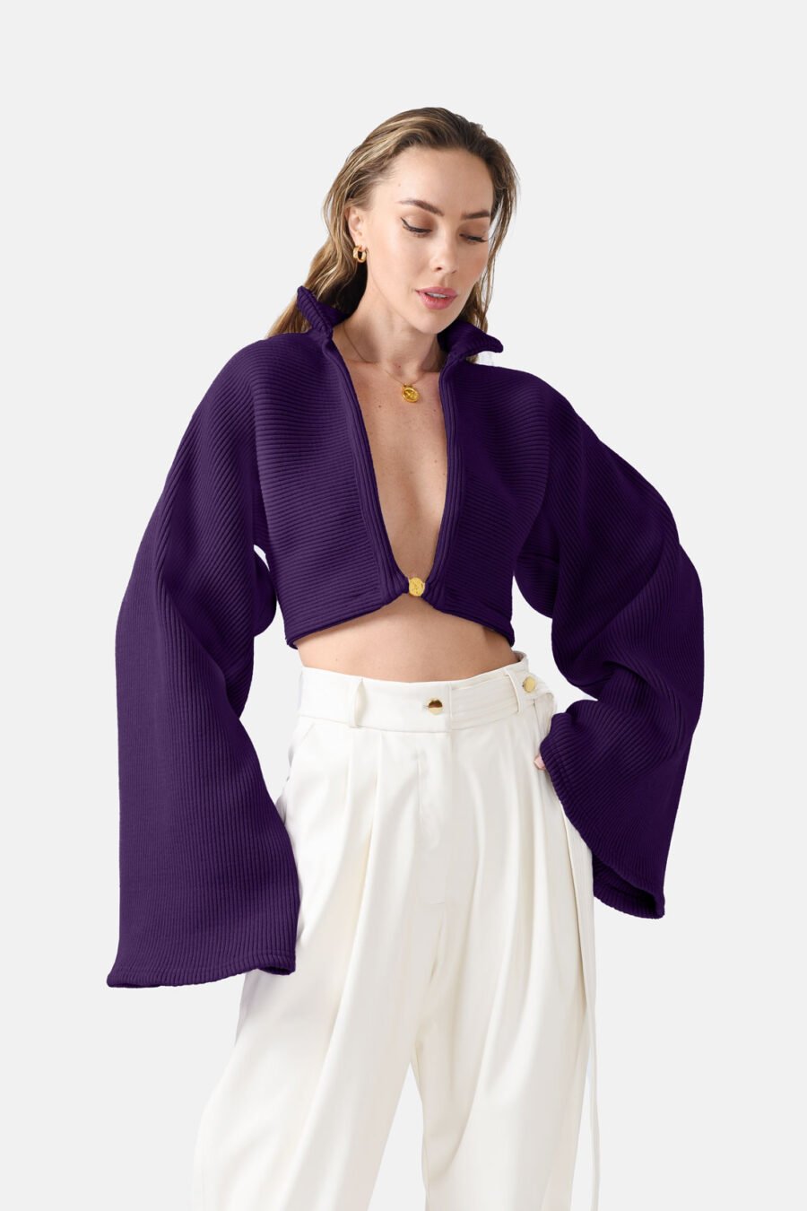 Purple Ribbed Knit Sweater Flared Sleeves Oversized Kargede Designer Sweater Knitwear Front - Mellea – Oversized Purple Jumper, Rib Knit