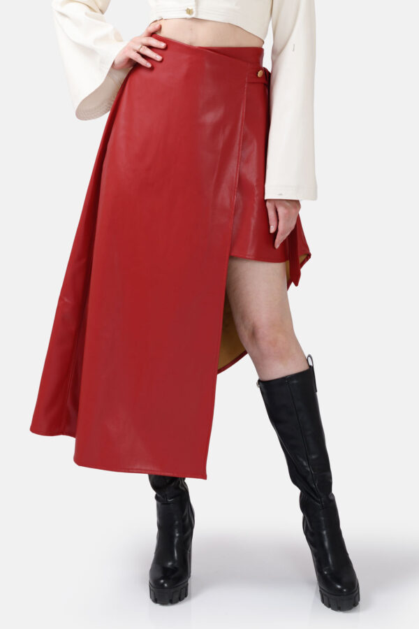 Red Asymmetrical Wrap Skirt Kargede Designer Skirt Front out - Fatale – Red Asymmetrical Wrap Skirt, Vegan Leather