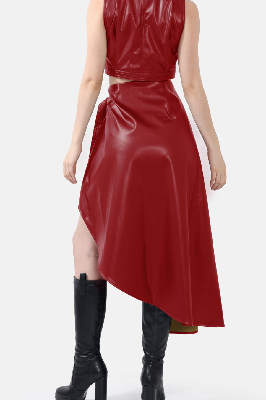 Red Vegan Leather Skirt Asymmetrical Wrap Skirt Kargede Designer Skirt Avila Back - Fatale – Red Asymmetrical Wrap Skirt, Vegan Leather