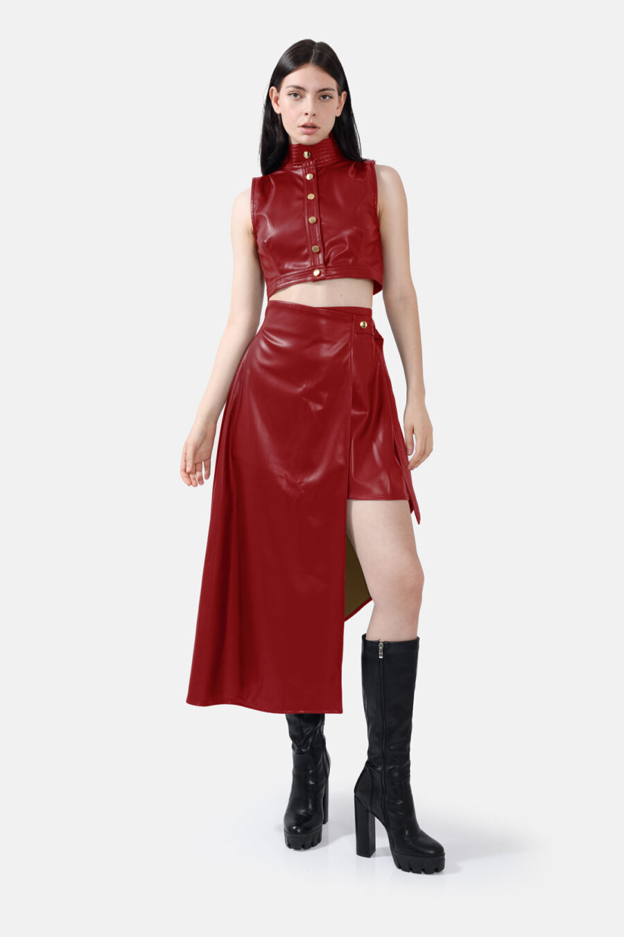 Red Vegan Leather Skirt Asymmetrical Wrap Skirt Kargede Designer Skirt Avila Front Out - Fatale – Red Asymmetrical Wrap Skirt, Vegan Leather