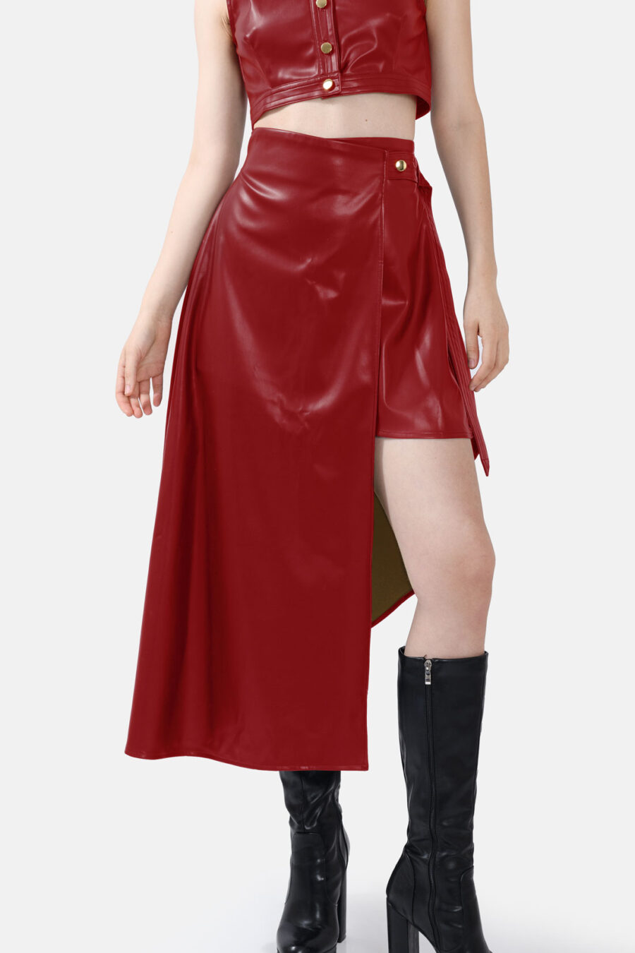 Red Vegan Leather Skirt Asymmetrical Wrap Skirt Kargede Designer Skirt Avila Front - Fatale – Red Asymmetrical Wrap Skirt, Vegan Leather