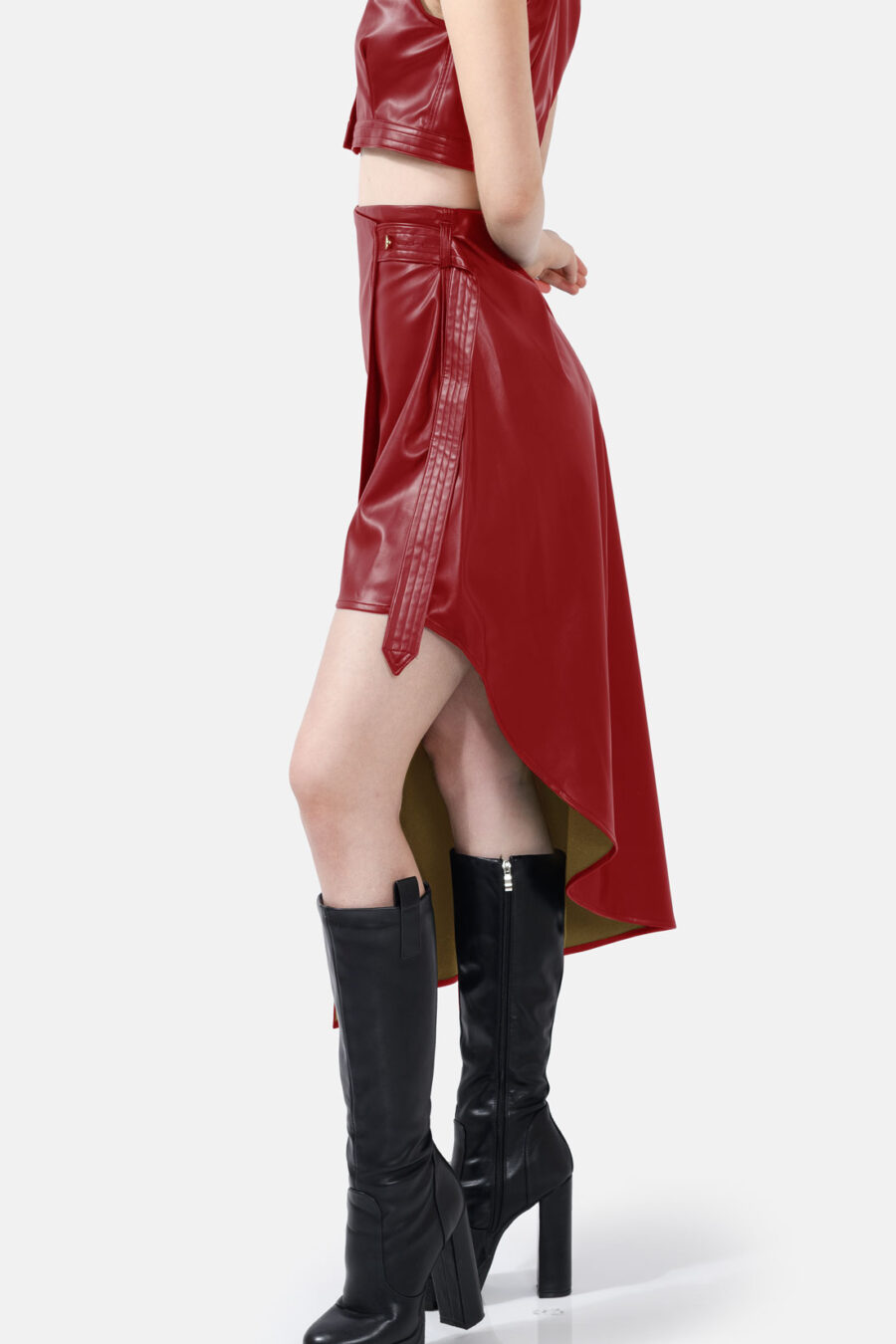 Red Vegan Leather Skirt Asymmetrical Wrap Skirt Kargede Designer Skirt Avila Side - Fatale – Red Asymmetrical Wrap Skirt, Vegan Leather