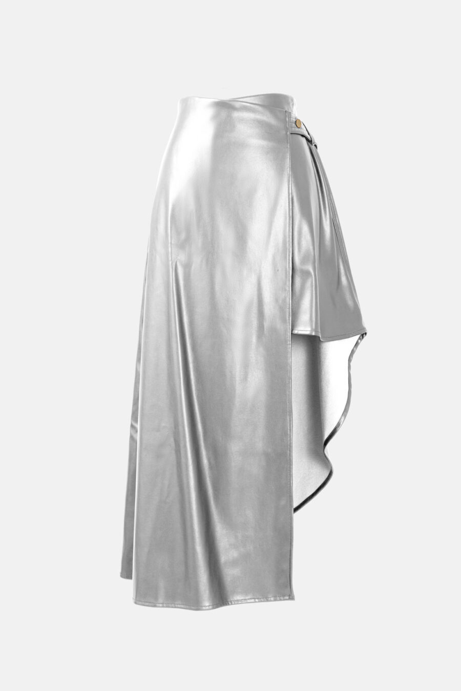 Silver Asymmetrical Wrap Skirt Kargede Designer Skirt GM - Fatale – Metallic Silver Asymmetrical Wrap Skirt, Vegan Leather