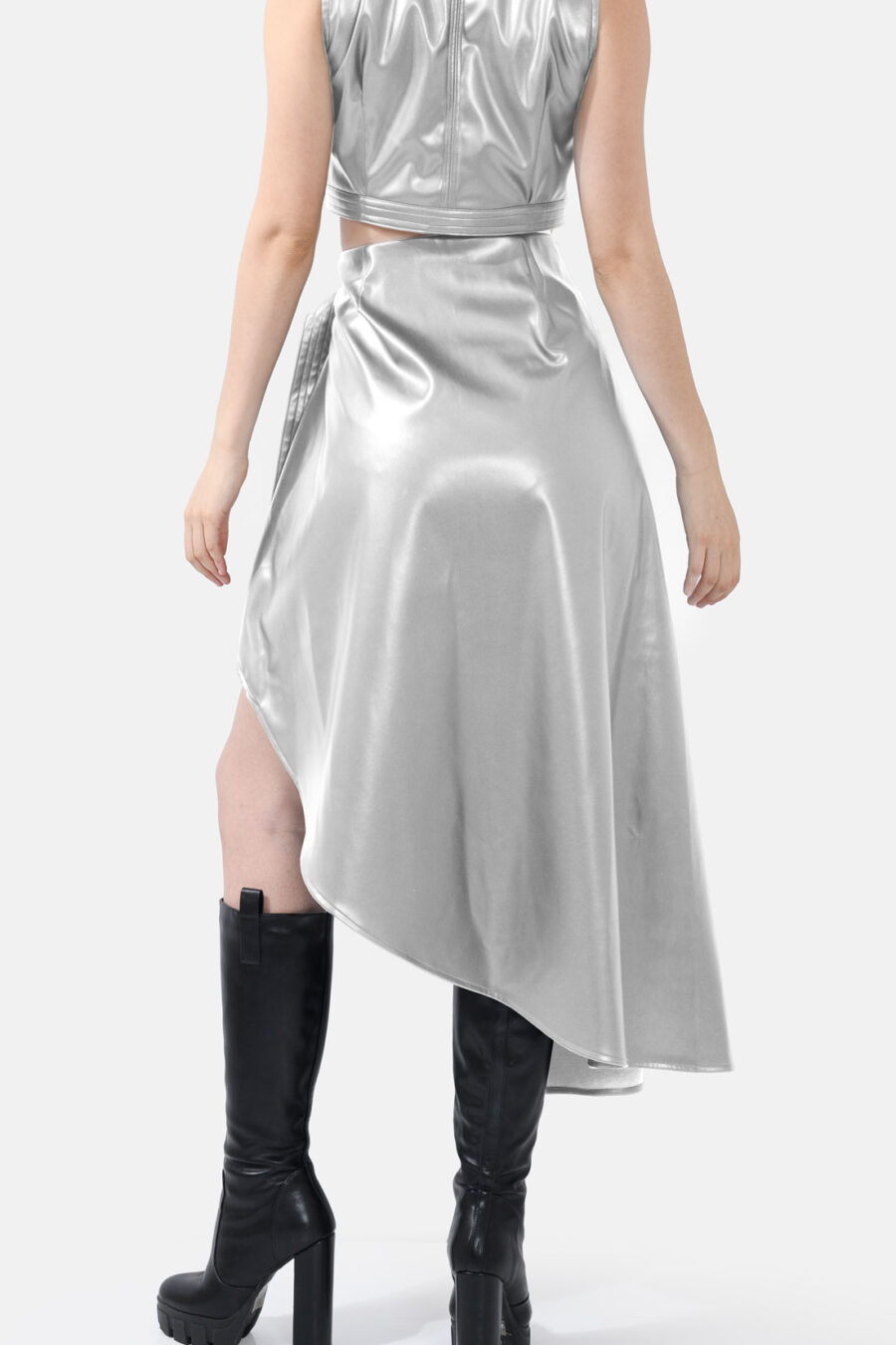 Silver Vegan Leather Skirt Asymmetrical Wrap Skirt Kargede Designer Skirt Avila Back - Fatale – Metallic Silver Asymmetrical Wrap Skirt, Vegan Leather