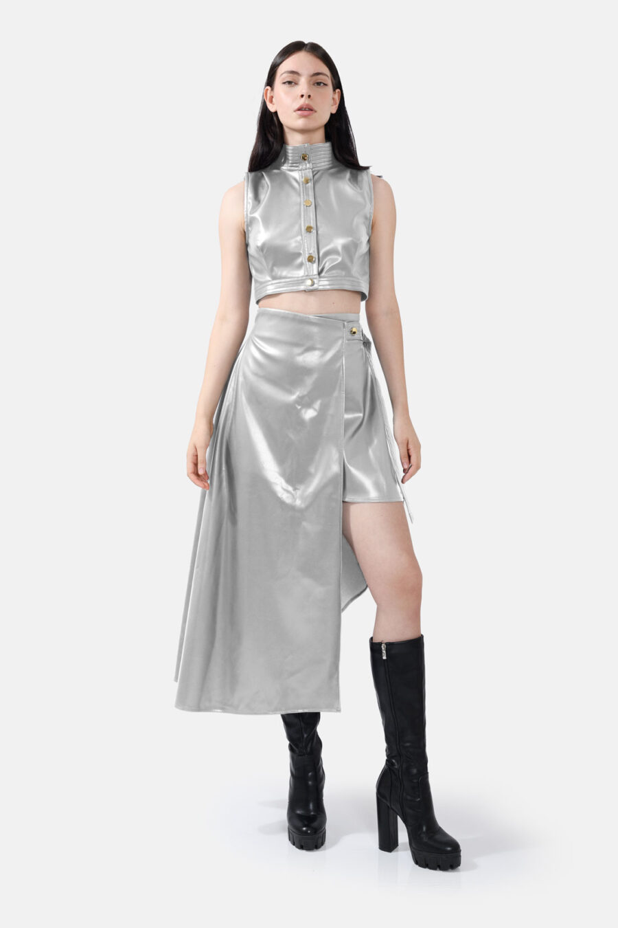 Silver Vegan Leather Skirt Asymmetrical Wrap Skirt Kargede Designer Skirt Avila Front Out - Fatale – Metallic Silver Asymmetrical Wrap Skirt, Vegan Leather