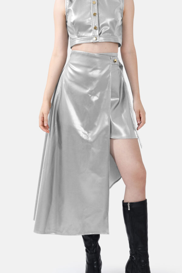 Silver Vegan Leather Skirt Asymmetrical Wrap Skirt Kargede Designer Skirt Avila Front - Fatale – Metallic Silver Asymmetrical Wrap Skirt, Vegan Leather