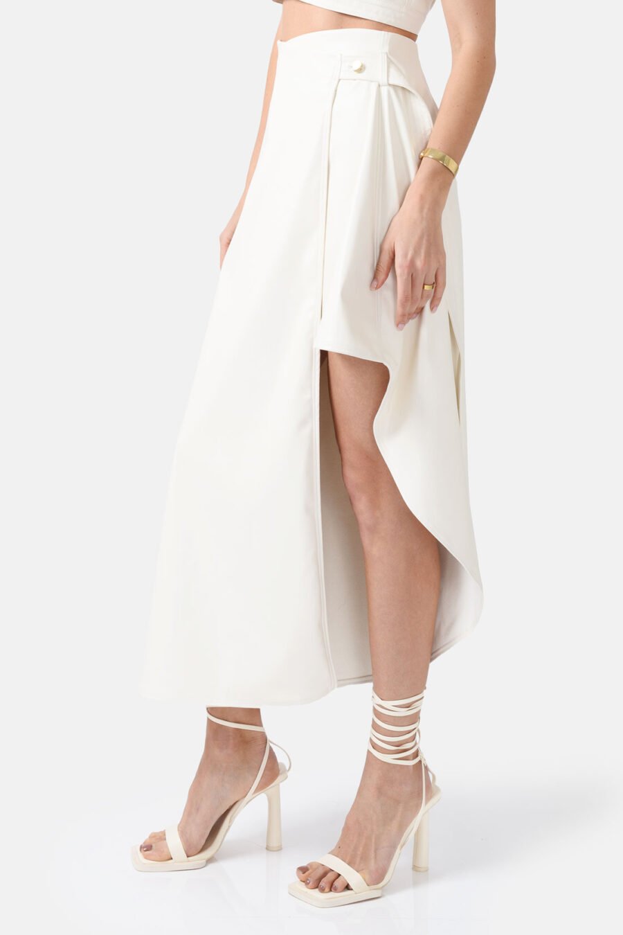 White Asymmetrical Wrap Skirt Kargede Designer Skirt Side - Fatale – White Asymmetrical Wrap Skirt, Vegan Leather