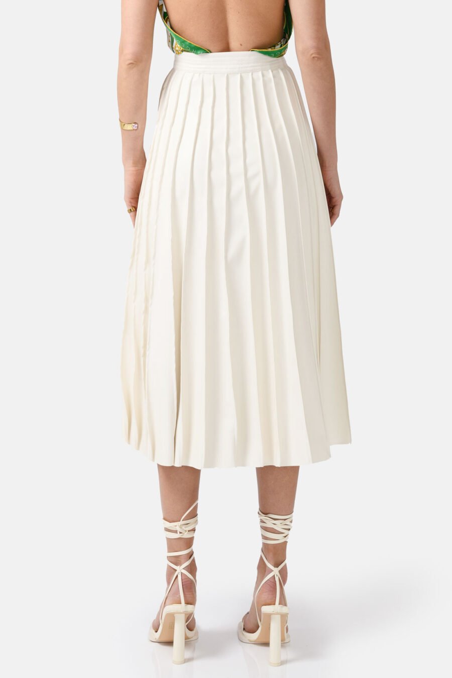 White Pleated Vegan Leather Midi Skirt Kargede Designer Skirt Back - Solace – Pleated White Vegan Leather Midi Skirt