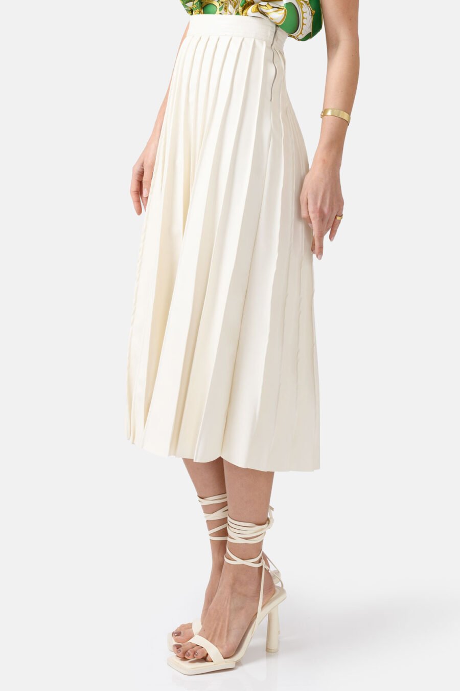 White Pleated Vegan Leather Midi Skirt Kargede Designer Skirt Side - Solace – Pleated White Vegan Leather Midi Skirt